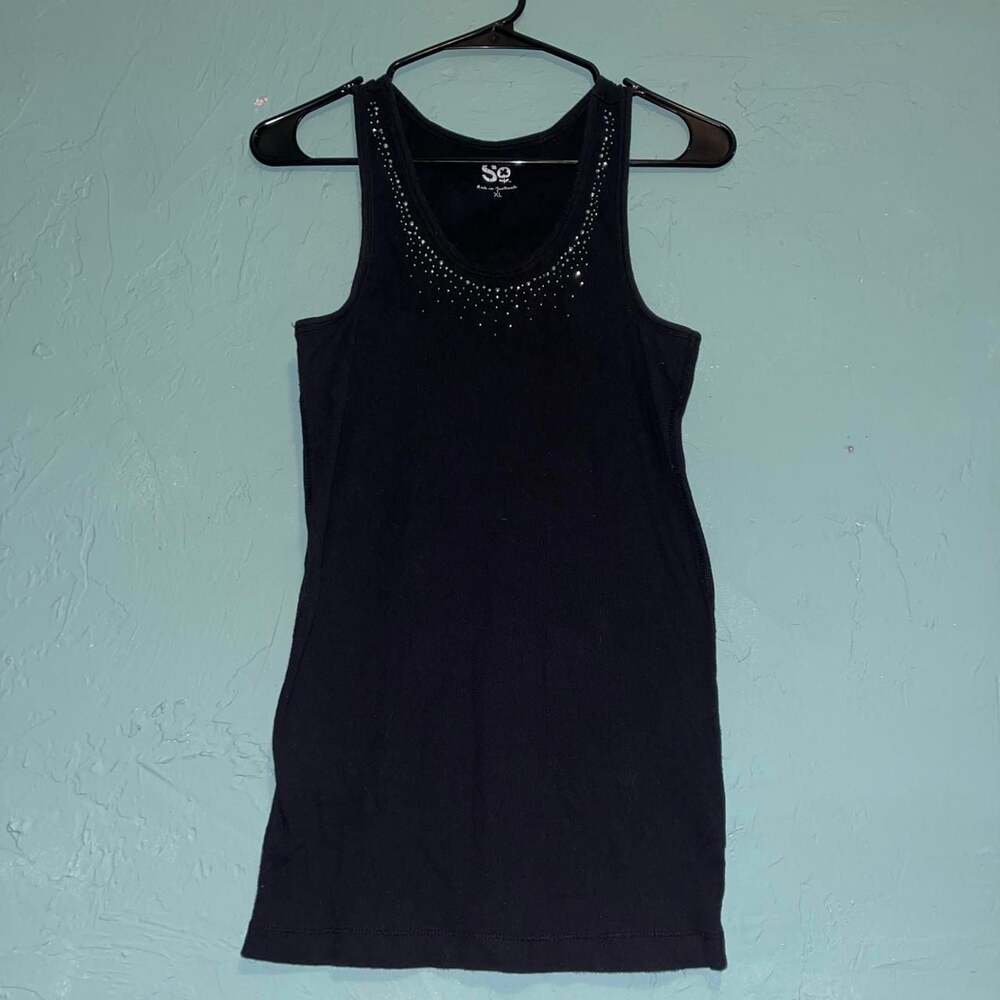 SO Black Ribbed Bedazzled Rhinestone Neckline Tank Top